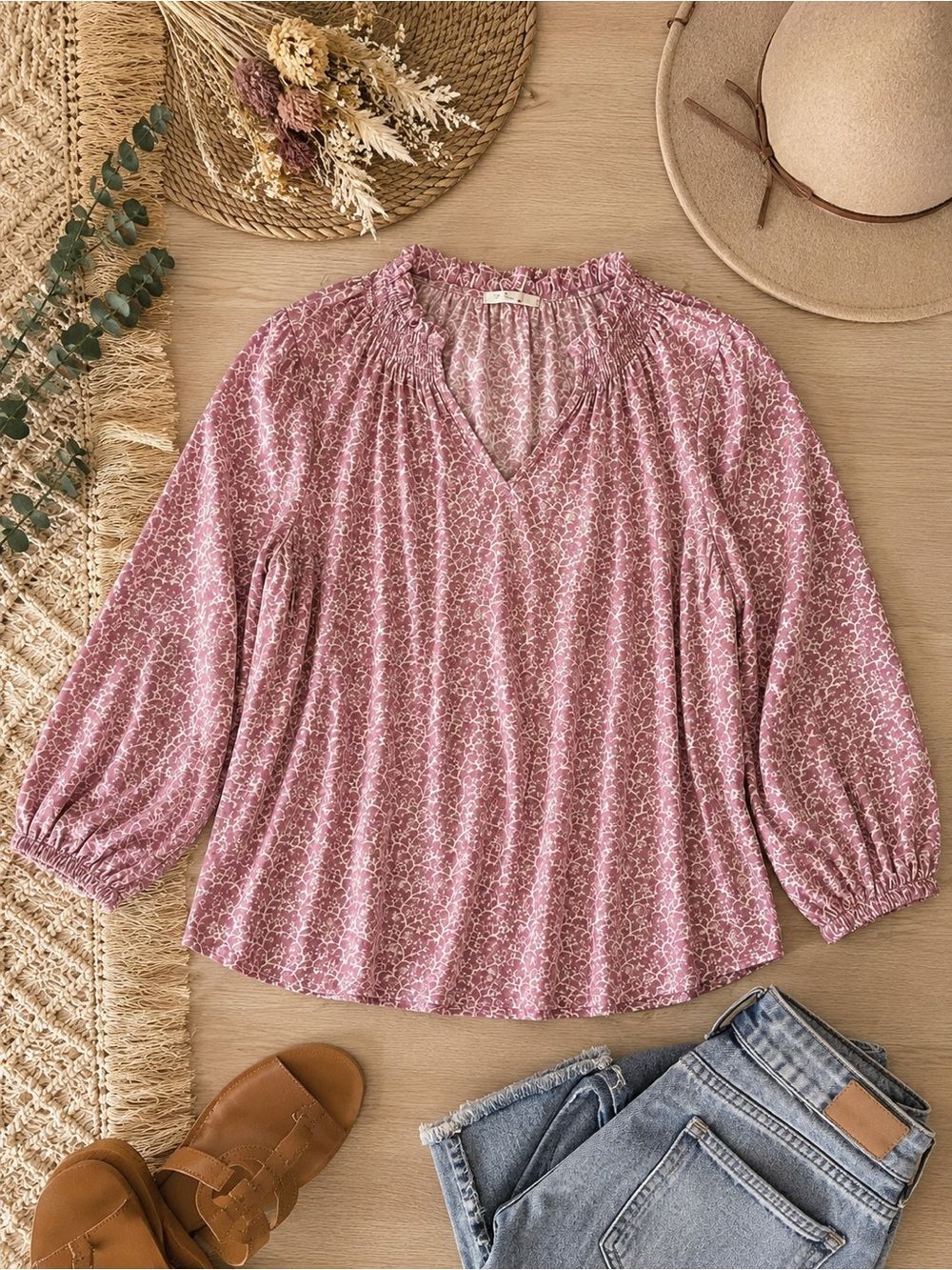 Caslon Pink Floral Peasant Blouse Boho Smocked Top Medium